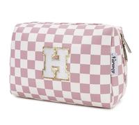Narwey Personalized Makeup Bag Gifts for Women, Large Checkered Personalized Initial Cosmetic Bag Birthday Gifts for Girls (Dusty Rose Checkerboard Letter H)