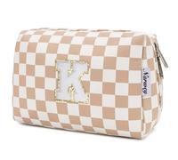 Narwey Personalized Makeup Bag Gifts for Women, Large Checkered Personalized Initial Cosmetic Bag Birthday Gifts for Girls (Light Checkerboard Letter K)