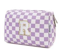 Narwey Personalized Makeup Bag Gifts for Women, Large Checkered Personalized Initial Cosmetic Bag Birthday Gifts for Girls (Purple Checkerboard Letter R)