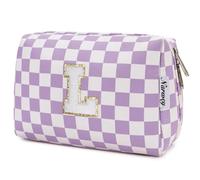 Narwey Personalized Makeup Bag Gifts for Women, Large Checkered Personalized Initial Cosmetic Bag Birthday Gifts for Girls (Purple Checkerboard Letter L)