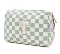 Narwey Personalized Makeup Bag Gifts for Women, Large Checkered Personalized Initial Cosmetic Bag Birthday Gifts for Girls (Mint Green Checkerboard Letter T)