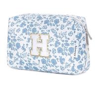 Narwey Personalized Makeup Bag Gifts for Women, Large Checkered Personalized Initial Cosmetic Bag Birthday Gifts for Girls (Little Blue Flower H)