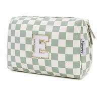 Narwey Personalized Makeup Bag Gifts for Women, Large Checkered Personalized Initial Cosmetic Bag Birthday Gifts for Girls (Mint Green Checkerboard Letter E)