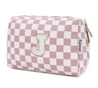 Narwey Personalized Makeup Bag Gifts for Women, Large Checkered Personalized Initial Cosmetic Bag Birthday Gifts for Girls (Dusty Rose Checkerboard Letter J)