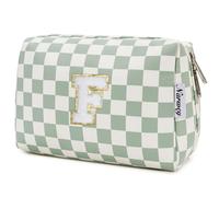 Narwey Personalized Makeup Bag Gifts for Women, Large Checkered Personalized Initial Cosmetic Bag Birthday Gifts for Girls (Mint Green Checkerboard Letter F)