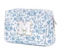Narwey Personalized Makeup Bag Gifts for Women, Large Checkered Personalized Initial Cosmetic Bag Birthday Gifts for Girls (Little Blue Flower M)