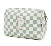 Narwey Personalized Makeup Bag Gifts for Women, Large Checkered Personalized Initial Cosmetic Bag Birthday Gifts for Girls (Mint Green Checkerboard Letter P)