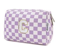 Narwey Personalized Makeup Bag Gifts for Women, Large Checkered Personalized Initial Cosmetic Bag Birthday Gifts for Girls (Purple Checkerboard Letter C)