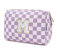 Narwey Personalized Makeup Bag Gifts for Women, Large Checkered Personalized Initial Cosmetic Bag Birthday Gifts for Girls (Purple Checkerboard Letter M)
