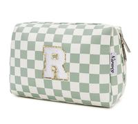 Narwey Personalized Makeup Bag Gifts for Women, Large Checkered Personalized Initial Cosmetic Bag Birthday Gifts for Girls (Mint Green Checkerboard Letter R)