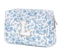 Narwey Personalized Makeup Bag Gifts for Women, Large Checkered Personalized Initial Cosmetic Bag Birthday Gifts for Girls (Little Blue Flower L)