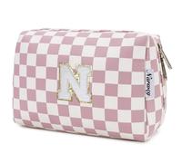 Narwey Personalized Makeup Bag Gifts for Women, Large Checkered Personalized Initial Cosmetic Bag Birthday Gifts for Girls (Dusty Rose Checkerboard Letter N)