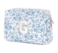 Narwey Personalized Makeup Bag Gifts for Women, Large Checkered Personalized Initial Cosmetic Bag Birthday Gifts for Girls (Little Blue Flower G)