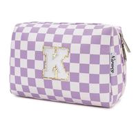 Narwey Personalized Makeup Bag Gifts for Women, Large Checkered Personalized Initial Cosmetic Bag Birthday Gifts for Girls (Purple Checkerboard Letter K)
