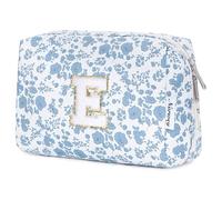 Narwey Personalized Makeup Bag Gifts for Women, Large Checkered Personalized Initial Cosmetic Bag Birthday Gifts for Girls (Little Blue Flower E)