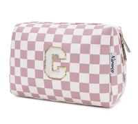 Narwey Personalized Makeup Bag Gifts for Women, Large Checkered Personalized Initial Cosmetic Bag Birthday Gifts for Girls (Dusty Rose Checkerboard Letter C)