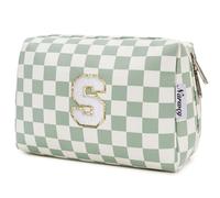 Narwey Personalized Makeup Bag Gifts for Women, Large Checkered Personalized Initial Cosmetic Bag Birthday Gifts for Girls (Mint Green Checkerboard Letter S)
