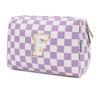Narwey Personalized Makeup Bag Gifts for Women, Large Checkered Personalized Initial Cosmetic Bag Birthday Gifts for Girls (Purple Checkerboard Letter F)