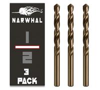 Narwhal 1/2 Inch Cobalt Drill Bits (3 Pack - Industrial Grade M35 Cobalt) 6" Length & 135 Degree Split Point for Drilling Into Metal, Hardened & Stainless Steel, Cast Iron, & More!