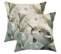 Narwhal Throw Pillow Covers Set of 2, Aqua Blue Ocean Ocean Creatures Cushion Cases, Summer Decorative Square Marine Decor for Home Sofa Bed Couch 20x20 Inch
