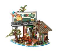 Narwhals 1108 PCS Pier Bar MOC Mini Block Set with Wooden Cabin,Forest House DIY Street Collection Building Kit,Compatible with 8mm Blocks(with LED Lights)