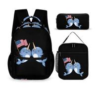 Narwhals U.S. Flag Stylish Backpack Set with Pencil Cases Lunch Bag