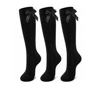 NARYAL® Black Girls Knee High School Socks 3 Pack - Cotton Rich Uniform Socks with Sewn-In Satin Bows - Stay-Up Non-Slip Long Socks for Kids & Teens, Ages 4-7 Years