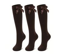 NARYAL® Brown Girls Knee High School Socks 3 Pack - Cotton Rich Uniform Socks with Sewn-In Satin Bows - Stay-Up Non-Slip Long Socks for Kids & Teens, Ages 2-4 Years