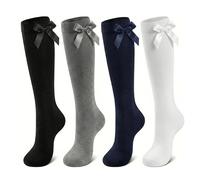 NARYAL® Girls Knee High School Socks 4 Pack - Cotton Rich Uniform Socks with Sewn-In Satin Bows - Stay-Up Non-Slip Long Socks for Kids & Teens - Black, White, Navy, Grey (Age 11-18 Years)