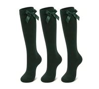 NARYAL® Green Girls Knee High School Socks 3 Pack - Cotton Rich Uniform Socks with Sewn-In Satin Bows - Stay-Up Non-Slip Long Socks for Kids & Teens, Ages 2-4 Years