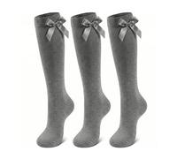 NARYAL® Grey Girls Knee High School Socks 3 Pack - Cotton Rich Uniform Socks with Sewn-In Satin Bows - Stay-Up Non-Slip Long Socks for Kids & Teens, Ages 7-10 Years