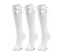 NARYAL® White Girls Knee High School Socks 3 Pack - Cotton Rich Uniform Socks with Sewn-In Satin Bows - Stay-Up Non-Slip Long Socks for Kids & Teens, Ages 7-10 Years