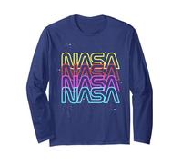 NASA Neon Rainbow Repeat Text Logo Long Sleeve T-Shirt, Adult Unisex, Navy Blue, XX-Large