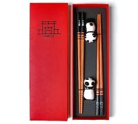 Nasakota Wooden Chopsticks Set 2 Pairs Reusable Chopsticks with Ceramic Panda Rest, Japanese Chinese Chop Sticks for Sushi, Ramen, Noodles, Rice