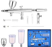 Nasedal Airbrush Kit, Airbrush Gun Dual-Action Gravity 5cc 13cc 20cc 40cc Fluid Cup, 0.3 & 0.5 mm Needle, Cost-Effective Air Brush Set Makeup Nail Art Painting Model Coloring Cake Decor Silver
