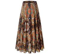 NASHALYLY Women's Chiffon Elastic High Waist Pleated A-Line Flared Maxi Skirts, Flower-205, Large