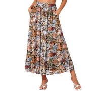 NASHALYLY Women's High Waisted Maxi Skirt,Elastic Chiffon Boho Long Skirt with Pockets, Coffee Floral P, S