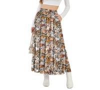NASHALYLY Women's High Waisted Maxi Skirt,Elastic Chiffon Boho Long Skirt with Pockets, Coffee Floral P, L