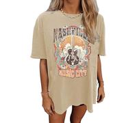 Nashville Music City T-Shirt Women Country Music Oversized Shirts Rock Band Tshirt Vintage Guitar Wings Graphic Tees, Beige-4, XXL