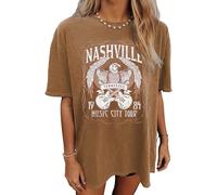 Nashville Music City T-Shirt Women Country Music Oversized Shirts Rock Band Tshirt Vintage Guitar Wings Graphic Tees, Brown-2, M