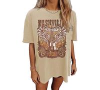 Nashville Music City T-Shirt Women Country Music Oversized Shirts Rock Band Tshirt Vintage Guitar Wings Graphic Tees, Beige, S