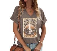 Nashville Music City T-Shirt Womens Country Music Oversized Shirts Rock Band Tshirt Vintage Guitar Wings Graphic Tees, Brown-1, XL