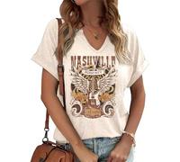Nashville Music City T-Shirt Womens Country Music Oversized Shirts Rock Band Tshirt Vintage Guitar Wings Graphic Tees, Beige-3, S