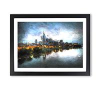 Nashville Tennessee Skyline At Night Modern Art Framed Wall Art Print, Ready to Hang Picture for Living Room Bedroom Home Office Décor, Black A4 (34 x 25 cm)