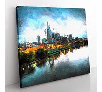 Nashville Tennessee Skyline at Night Modern Canvas Wall Art Print Ready to Hang, Framed Picture for Living Room Bedroom Home Office Décor, 35x35 cm (14x14 Inch)
