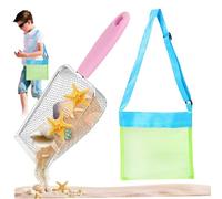 NASSMOSSE 2 Pcs/Set Sand Sifter and Seashell Bag Stainless Steel Sand Shovel Mesh Beach Bag with Adjustable Strap for Kids for Seashell Collecting Rock Hunting Picking Up Seashells