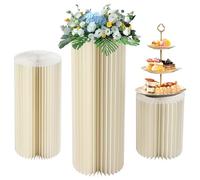 NASSMOSSE 3 Pcs Cylinder Pedestal Stand Elegant White Cardboard Cylinder Stands Foldable Reusable Wedding Dessert Cake Stand with Acrylic Lid for Anniversary, Christmas Displays 11/15/19 In Dia.