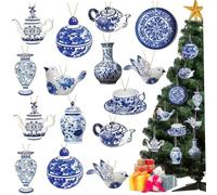 NASSMOSSE 40Pcs Chinoiserie Decor, Double Sided Wooden Christmas Tree Ornaments Blue and White Porcelain Ornaments Teapot Santa Hanging Pendant