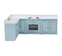 NASSMOSSE 4Pcs Dollhouse Kitchen Set, Wooden 1/12 Scale Toy Stove Sink Cabinet Cooking Table Set, Dollhouse Furniture Delicate Model Decor Realistic Accessory Pretend Play DIY Supplies, Sky-blue