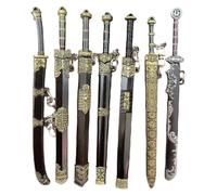 NASSMOSSE 7Pcs Mini Sword with 1Pc Display Bracket 5 Inch Chinese Ancient Sword Keychain Deocrative Hanging Charm for Purse, Backpack, Key